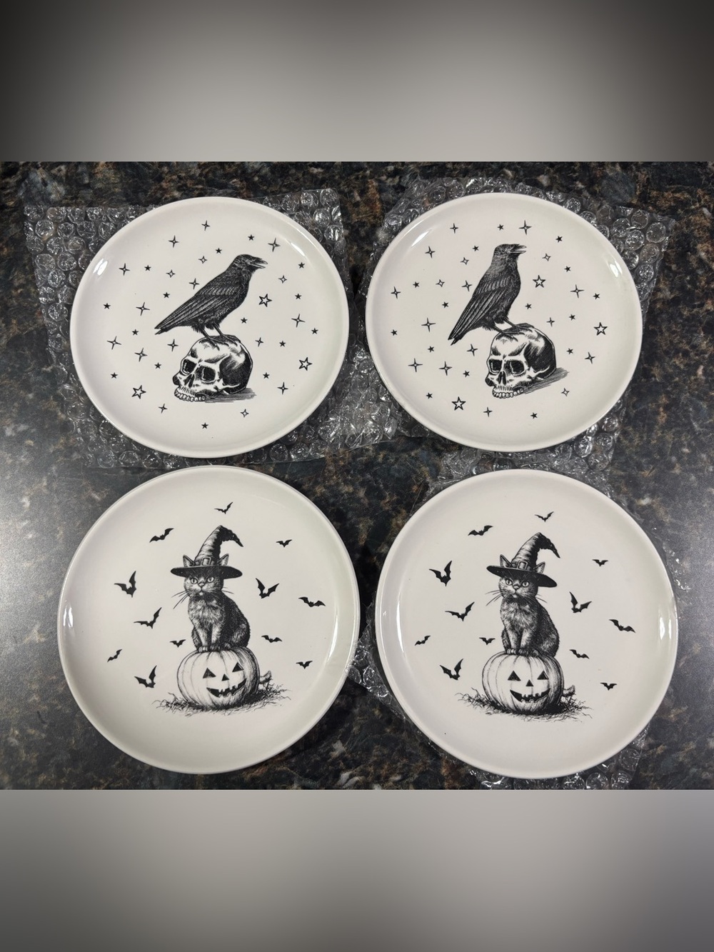 Halloween Ceramic Dessert Plates Set of 4 - Black & White Gothic Set 6x6